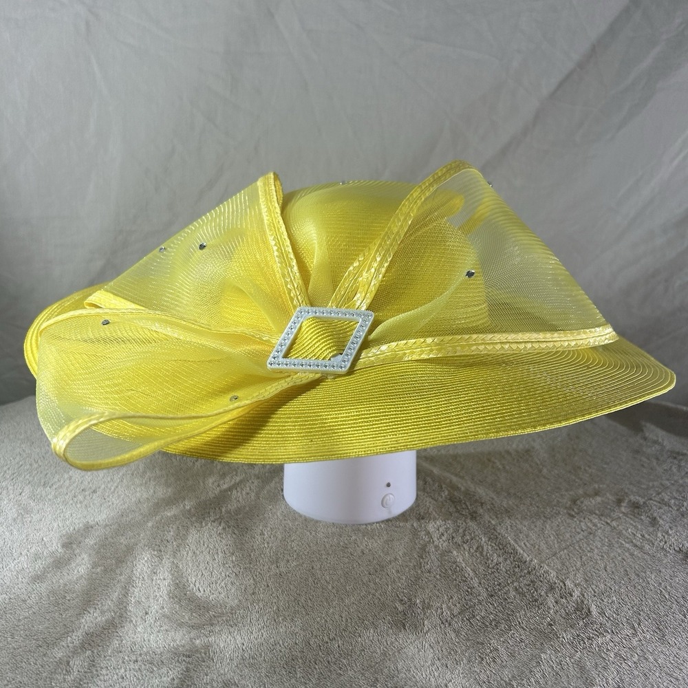 Mr. Hi's Classic Yellow Wide Brim Church Derby Hat Mesh Overlay Rhinestones